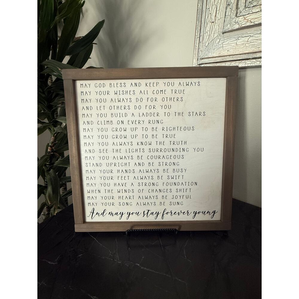 Forever Young Inspirational Wooden Wall Sign Farmhouse Decor 16x16 Quote Art